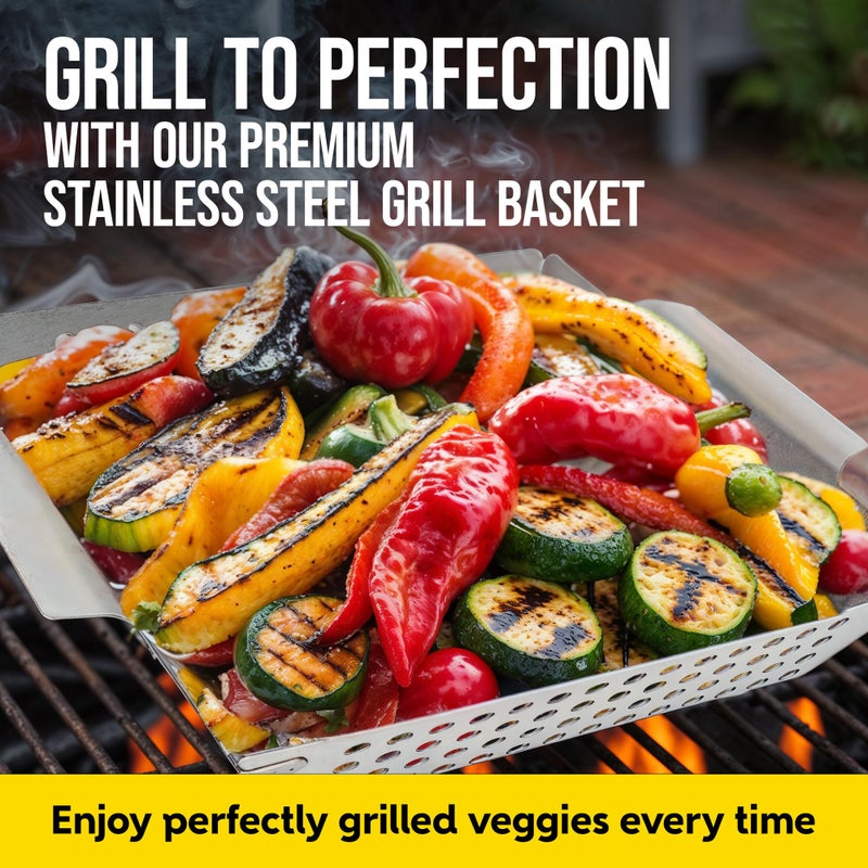 Kaluns Heavy Duty Stainless Steel Vegetable Grill Basket, Rectangular, Silver, Dishwasher Safe Grills and Vegetables - Image 2